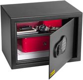 HomeSafe HV25E Meubelkluis Elektronisch Slot met Noodsleutel 3mm Stalen Deur Zwart RAL 9005 Inclusief Uitneembare Plank en Tapijt Veiligheidskluis voor Documenten Geld en Sieraden met Montagebouten Privékluis voor Thuis en Kantoor