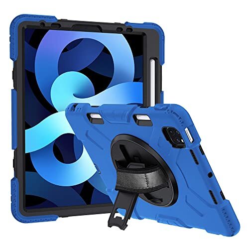 The Wolfdragon beschermhoes voor iPad Air 4/5 10,9 inch (25,6 cm), robuuste beschermhoes met 360 graden draaibare standaard, verstelbare polsband & penhouder – blauw + zwart