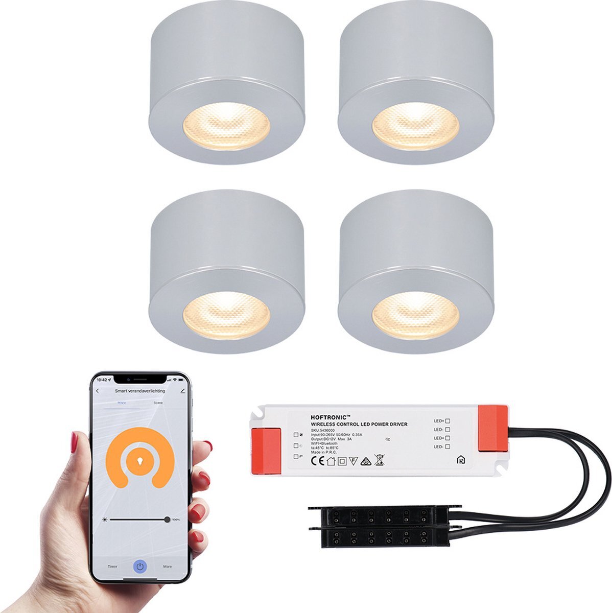 HOFTRONIC SMART 4x Navarra RVS Smart LED Opbouwspots complete set - Wifi & Bluetooth - 12V - 3 Watt - 2700K warm wit - Veranda verlichting - Voor binnen en buiten