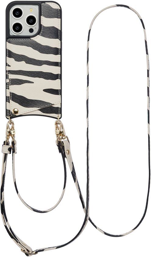 Selencia Hoesje - Geschikt voor Apple iPhone 14 Pro - Backcover met koord en pashouder - Zazzy Zebra