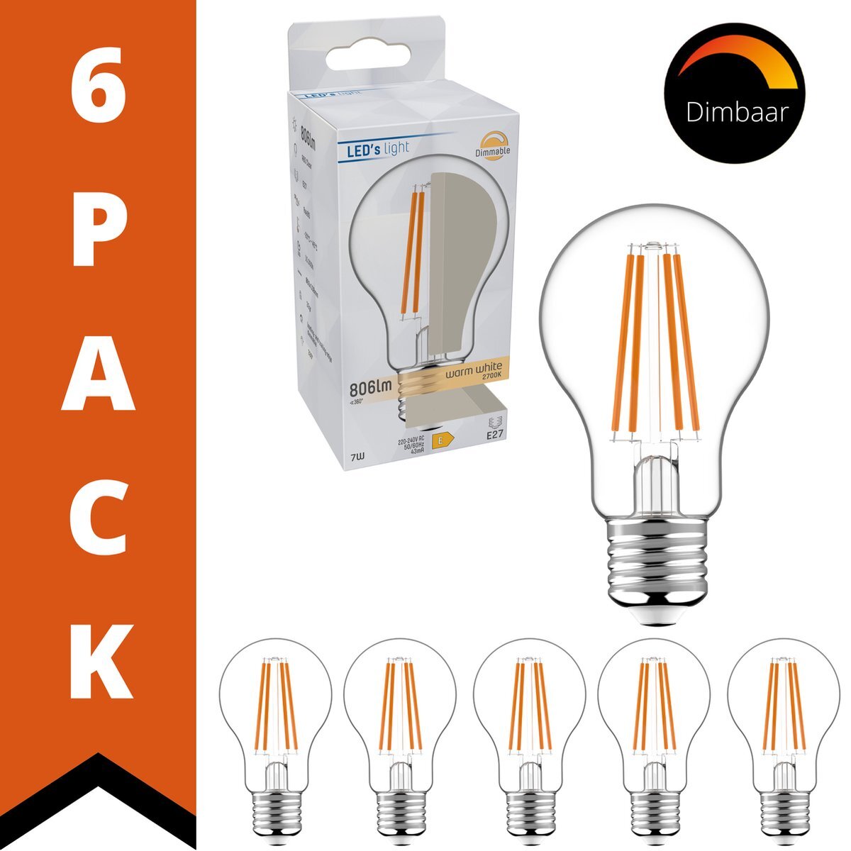 LED.nl ProDim LED Filament Lamp E27 - Dimbaar warm wit licht - helder glas - 7W (60W) - 6 lampen