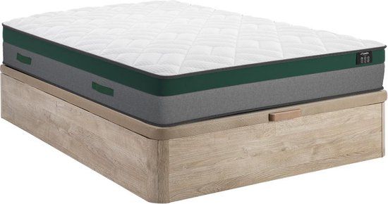 Ysmée Bedset 140 x 190 cm - bedbodem met lichte houtlook en opbergruimte + matras met pocketveren - PRESTIGE