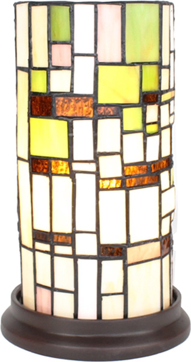 HAES deco - Tiffany Tafellamp Ø 15x26 cm Beige Groen Glas Kunststof Rond Tiffany Bureaulamp Tiffany Lampen Glas in Lood