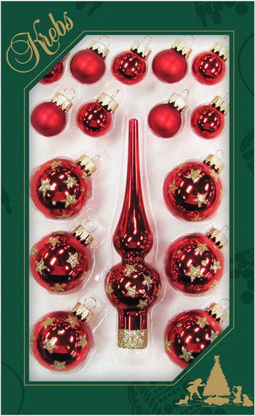 Krebs mini kerstballen en piek set - 16-dlg - rood - glas