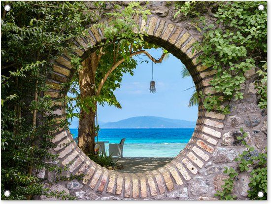 GreatGardenPosters Tuinposter doorkijk Strand 80x60 cm - Tuindecoratie voor buiten - PVC