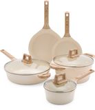 GreenChef Arte Pannenset 8-delig - 16/20/24/28cm - 1.6/3.9/4.4L - PFAS-vrije antikleeflaag - Pannenset inductie - Keramische pan - Niet ovenbestendig - Houten handgreep - Crèmewit