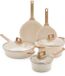 GreenChef Arte Pannenset 8-delig - 16/20/24/28cm - 1.6/3.9/4.4L - PFAS-vrije antikleeflaag - Pannenset inductie - Keramische pan - Niet ovenbestendig - Houten handgreep - Crèmewit