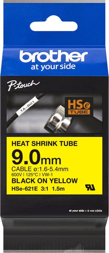 Brother HSE621E Labeltape - Geel op Zwart - 9mm - 1.5m