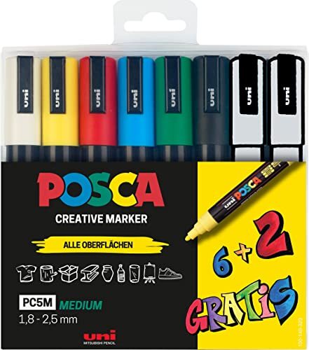 Faber-Castell Uni-ball 186826 - Posca markerset, 8-delige etui, acrylstiften PC-5M, 1,8 - 2,5 mm, 6 standaardkleuren + 2 wisselende speciale kleuren