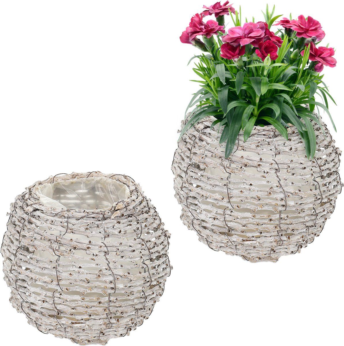Relaxdays Bloempot Set van 2 - Rotan - Plantenpot - Rond - Wit