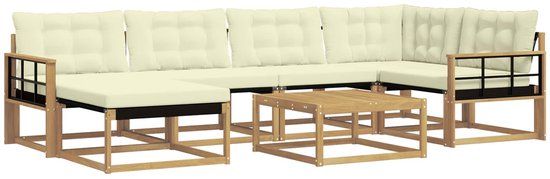 vidaXL Hoek loungeset 6 zitplaatsen Wit en crème Massief Acaciahout Inclusief tafel
