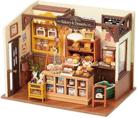 Robotime Becka’s Baking House – Decoratief Miniatuurhuisje Bakkerij met Meubels en Ledverlichting - 141 Stukjes - 3d Houten Puzzel - 21.5 x 14.9 x 15.6 cm - Bouwpakket voor Volwassenen - DIY