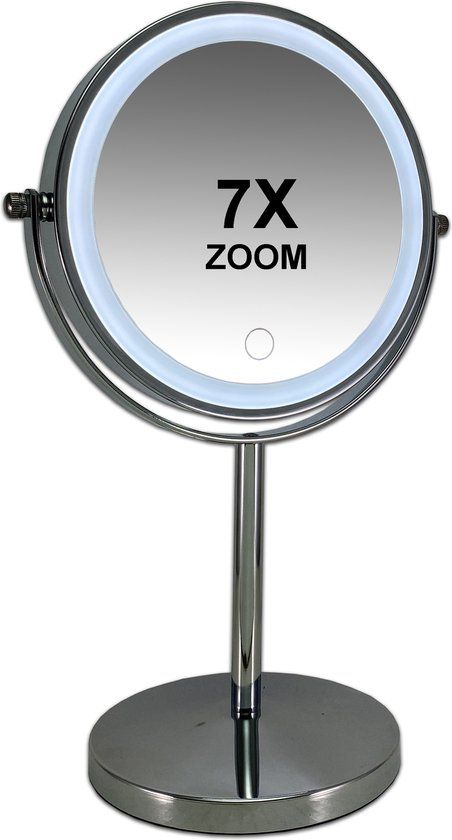 Gérard Brinard Oplaadbare Metalen make up LED Spiegel dimbaar chroom, Dubbelzijdig verlicht, 7x vergroting 18cm doorsnee, stroomkabel (USB)