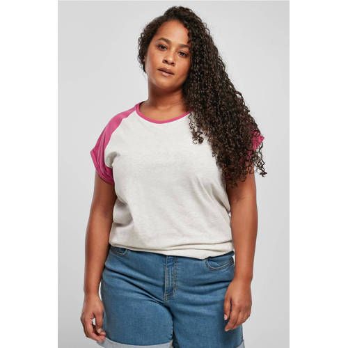 Urban Classics Curvy Gemêleerd T-shirt - Lichtgrijs/Fuchsia
