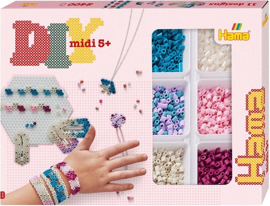 Hama 3712 strijkkralen creatieve sieraden, geschenkdoos, met ca. 2400 midi-kralen, incl. zeshoekige grondplaat, motiefsjabloon, strijkpapier, haaraccessoires, voor kinderen vanaf 5 jaar