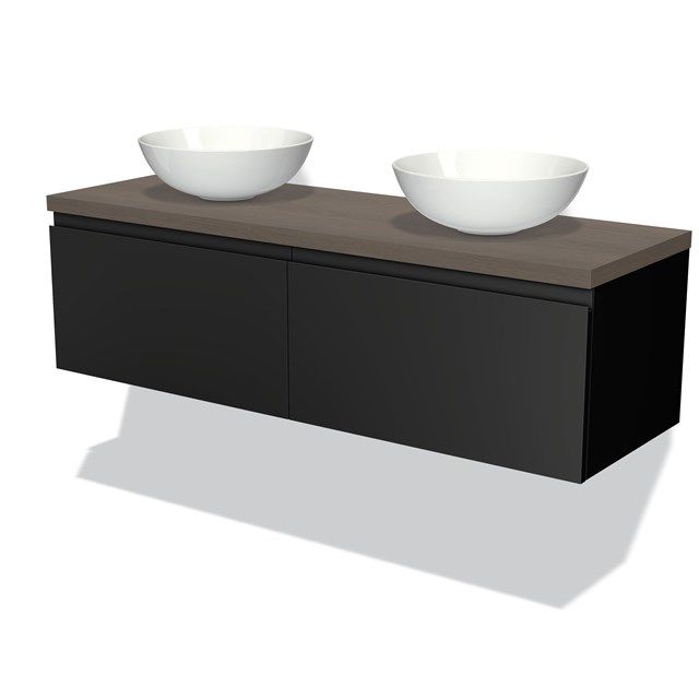 Maxaro Badkamermeubel Modulo Plato 140cm Mat Zwart 2 Lades Greeploos Donkerbruin Eiken Blad