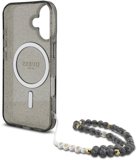 Guess Hoesje Geschikt voor Apple iPhone 16 - MagSafe Back Cover met Kralen Koord - Glitter Zwart