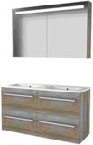 Basic-Line Premium 46 Badkamermeubelset - 120 x 46 cm - Met Grepen - 4 Lades - Keramische Wastafel - 2 Kraangaten - Spiegelkast met LED Verlichting - Scotch Oak