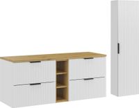 DMK Deutsches Milchkontor Badkamermeubilair, 140 cm breed, wit, mat, met een werkblad van gebeitste eik en een hoge kast