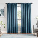 Melodieux Donkerblauwe fluweelachtige semi-pure gordijnen 96 inch lengte voor slaapkamer, woonkamer natuurlijke katoenen textuur staaf zakraam pure gordijnen, 52 bij 96 inch (2 panelen)