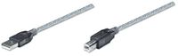 Manhattan USB-A naar USB-B-kabel, 11 m, mannelijk naar mannelijk, actief, 480 Mbps (USB 2.0), ingebouwde repeater, Hi-Speed USB, doorschijnend zilver, drie jaar garantie, Polybag