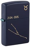 Zippo - Stormaansteker met sterrenbeeld stier, marineblauw, mat, lasergravure, navulbaar, herbruikbaar, winddicht, geschenkdoos, gemaakt in de VS