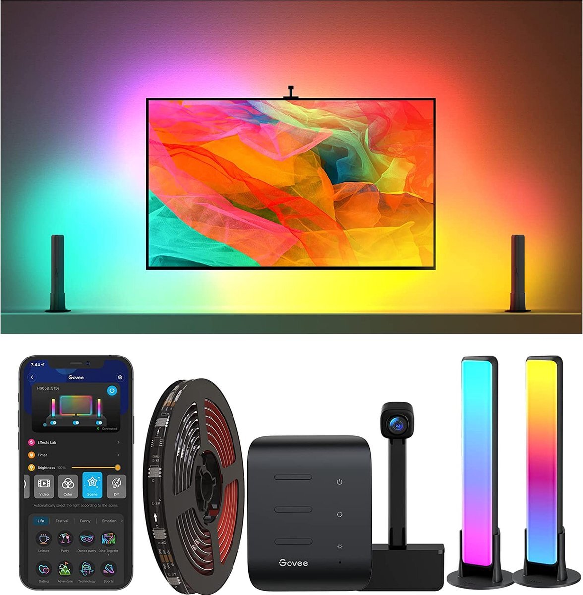 Govee Immersion Kit Alexa LED-strip met lichtbalken, RGBIC-technologie Werkt met Alexa en Google Assistant Moderne lamp met scène- en muziekmodus voor 55-65 inch tv, bioscoop en gameruimte