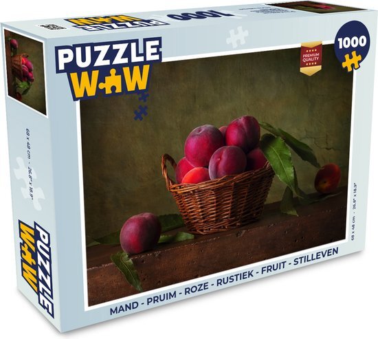 MuchoWow Puzzel Mand - Pruim - Roze - Rustiek - Fruit - Stilleven - Legpuzzel - Puzzel 1000 stukjes volwassenen - Sinterklaas cadeautjes - Sinterklaas voor grote kinderen