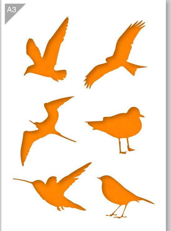 QBIX Vogel sjabloon - Silhouttes van vogels - Kunststof A3 stencil - Kindvriendelijk sjabloon geschikt voor graffiti, airbrush, schilderen, muren, meubilair, taarten en andere doeleinden