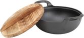 Wokpan in Fonte met 2 Handgrepen en Houten Deksel - Ongecoate Chinese Traditionele Wok Frituurpan (20cm)