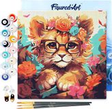 Figured'Art Mini Schilderen op Nummer Volwassenen 20x20cm met lijst Fantasie leeuwenwelp en bloemen - Klein Formaat Creatieve Hobby Kit DIY Art Nummer Compleet