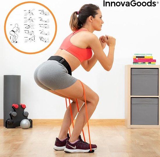 InnovaGoods Weerstandsbanden Sportriem voor Bilspieren, Buik en Benen, Inclusief Oefengids en Draagtas, Latex en Nylon, Zwart en Oranje, 40 lb Weerstand