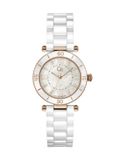 Gc Gc Muse Mid Size Ceramic Kwarts Analoog Horloge Goudkleur En Wit Kast Gemaakt Van 100% Roestvrij Staal En Een Armband Van 100% Keramiek 34