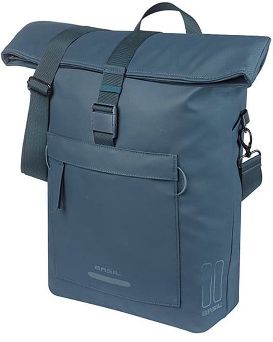 Basil Brooklyn - Enkele fietstas - 17 Liter - Waterdicht - Reflectie details - Gerecycled materiaal - MIK Hooks - Incl. laptopvak - blauw