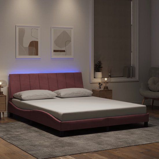 vidaXL Bedframe met LED-verlichting fluweel roze 160x200 cm
