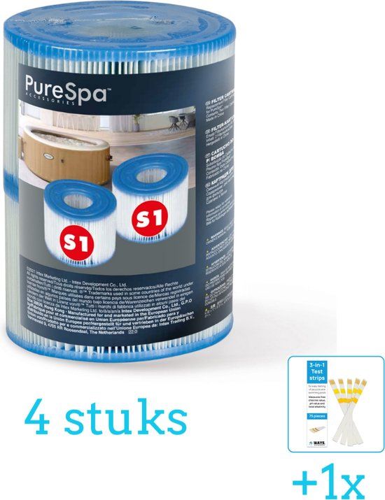 Intex Filter Cartridge S1 voor Opblaas Spa Jacuzzi (4 stuks) + Teststrips