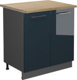 Vicco Keukenonderkast Fame-Line, Donkerblauw hoogglans/Antraciet, 80 cm goudkleurig eiken werkblad