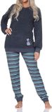 Normann Dames Badstof Pyjama met Manchetten en Dierenmotief - Blauw Melange, Gestreept, Lange Mouw