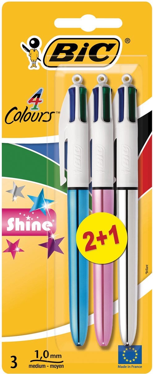 BIC balpen 4 Colours Shine blister met 2 + 1 gratis