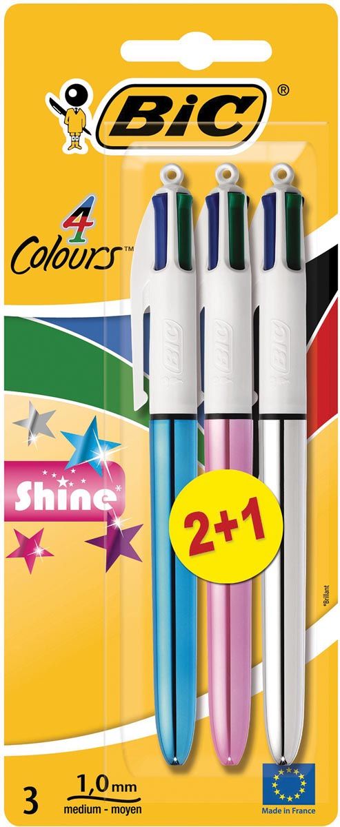 BIC 4 Colours Shine balpen blister met 2 + 1 gratis