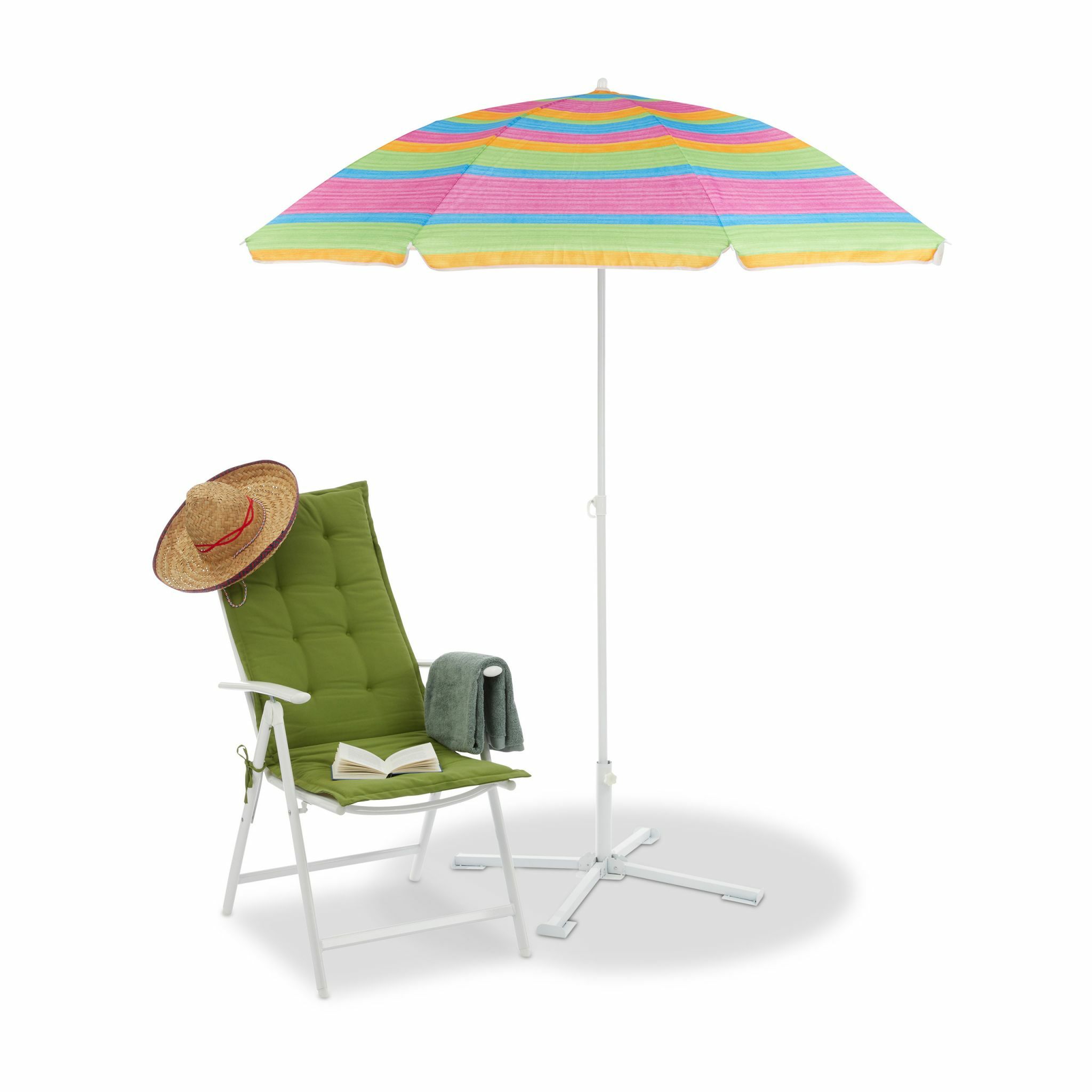 Relaxdays Strandparasol - 2m - Gestreept - Zonnebescherming - Uitschuifbaar - Wit/Roze/Groen