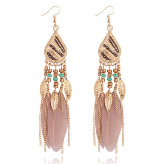 Deja Jewels Lookinggoodtoday Bohemian oorhangers met bruine veren en kraaltjes 135 mm