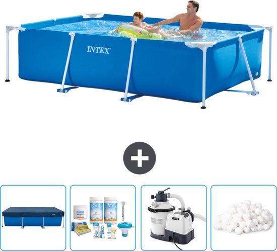 Intex Rechthoekig Frame Zwembad - 260 x 160 x 65 cm - Blauw - Familiebad - Inclusief Filterpomp, Afdekzeil & Onderhoudspakket