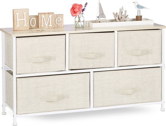 Relaxdays Bijzetkast - 5 Lades - Metalen Frame - 54,5 x 100 x 30 cm - Beige