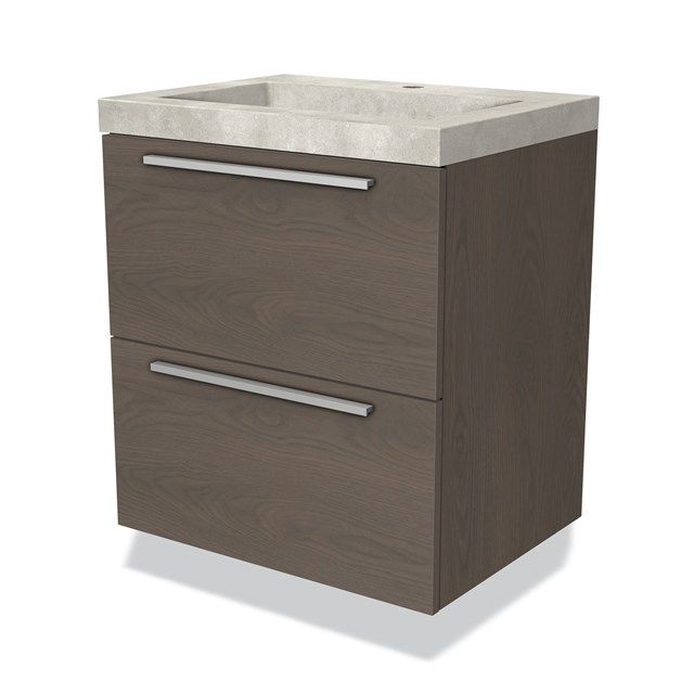 Maxaro Badkamermeubel 60cm Modulo Donkerbruin Eiken 2 Lades Vlak Wastafel Beton Greige