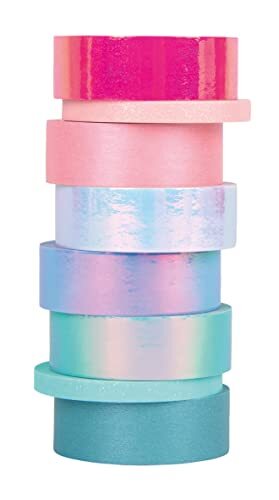 RAYHER Washi Tape Set"Shiny Mix", 8 rollen à 5 m, 6 x 15 mm breed, 2 x 5 mm breed, glinsterende pastelkleuren, papierfolie, papierband, plakband, decoratieband, 50262999