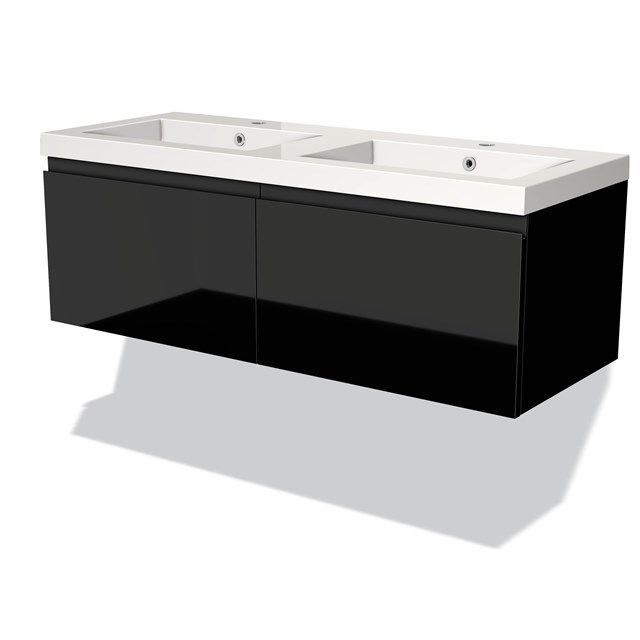 Maxaro Badkamermeubel 120cm Modulo Hoogglans Zwart 2 Lades Greeploos Wastafel Mineraalmarmer