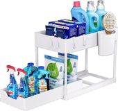 Merkloos Puricon Opbergrek voor onder de gootsteen, keukenopberger, 2 niveaus, met uitschuiflade, multifunctioneel opbergrek voor badkamer, aanrecht, wasruimte, Wit