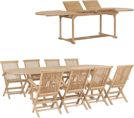 The Living Store Tuinset - Teakhout - Verlengbare tafel (180-280 cm) - Inclusief 8 klapstoelen