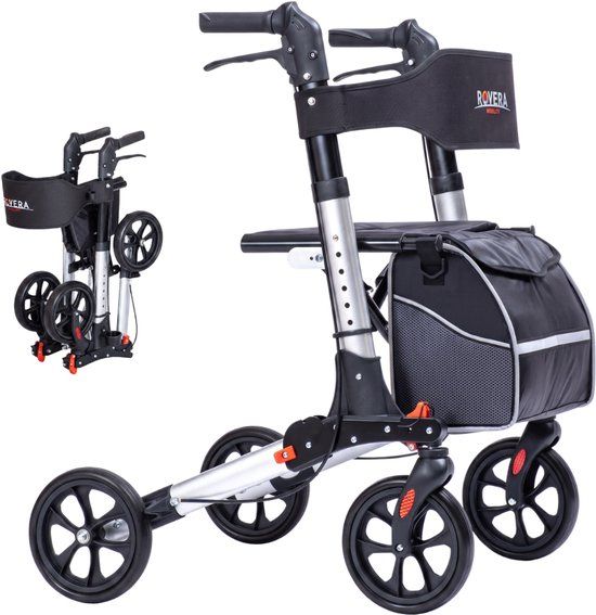 Rovera® Rollator Dubbel Opvouwbaar – Lichtgewicht en 3x Opvouwbaar – Met Luxe Rollatortas, Brede Rugsteun & Comfortabele Zitting – Geschikt voor Binnen & Buiten – Zilver